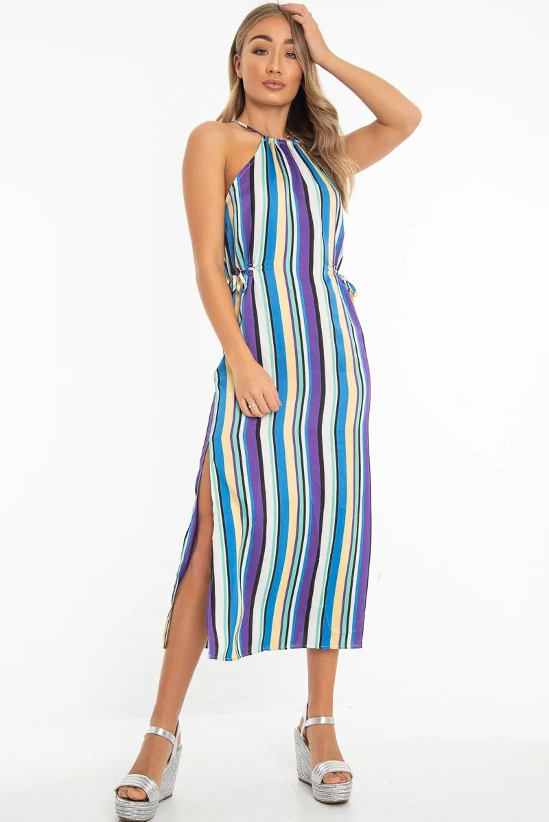 Blue Stripe Halterneck Drawstring Waist Maxi Dress - Melanie