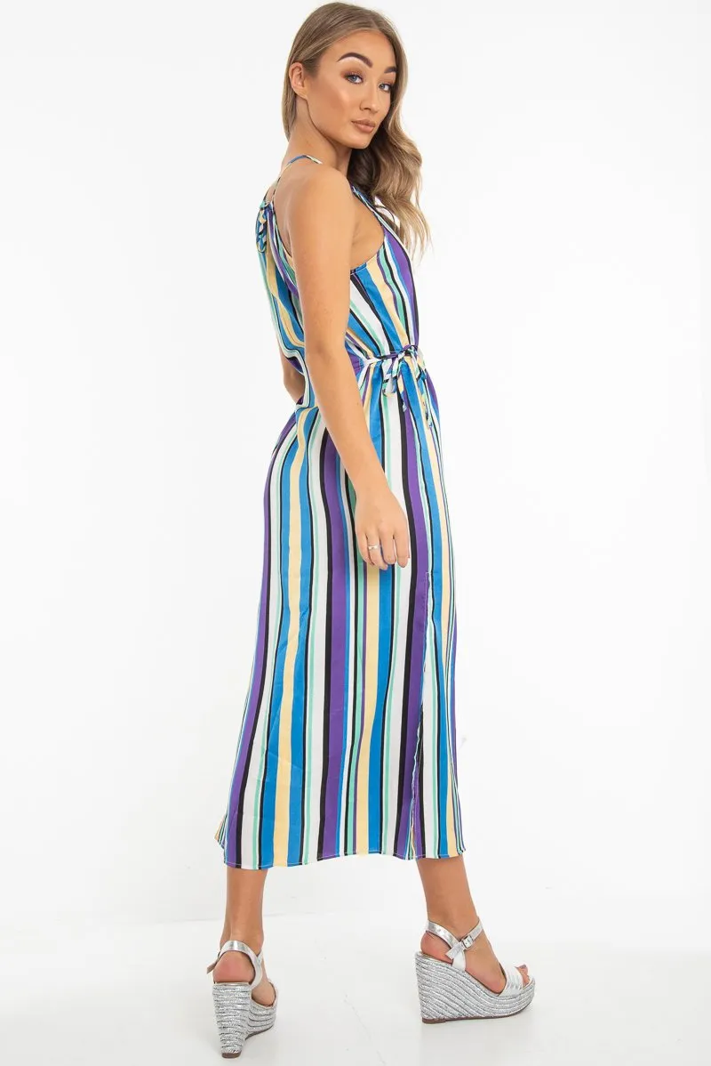 Blue Stripe Halterneck Drawstring Waist Maxi Dress - Melanie