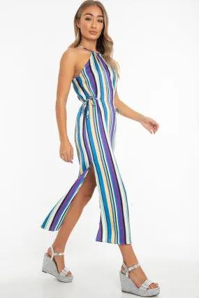 Blue Stripe Halterneck Drawstring Waist Maxi Dress - Melanie