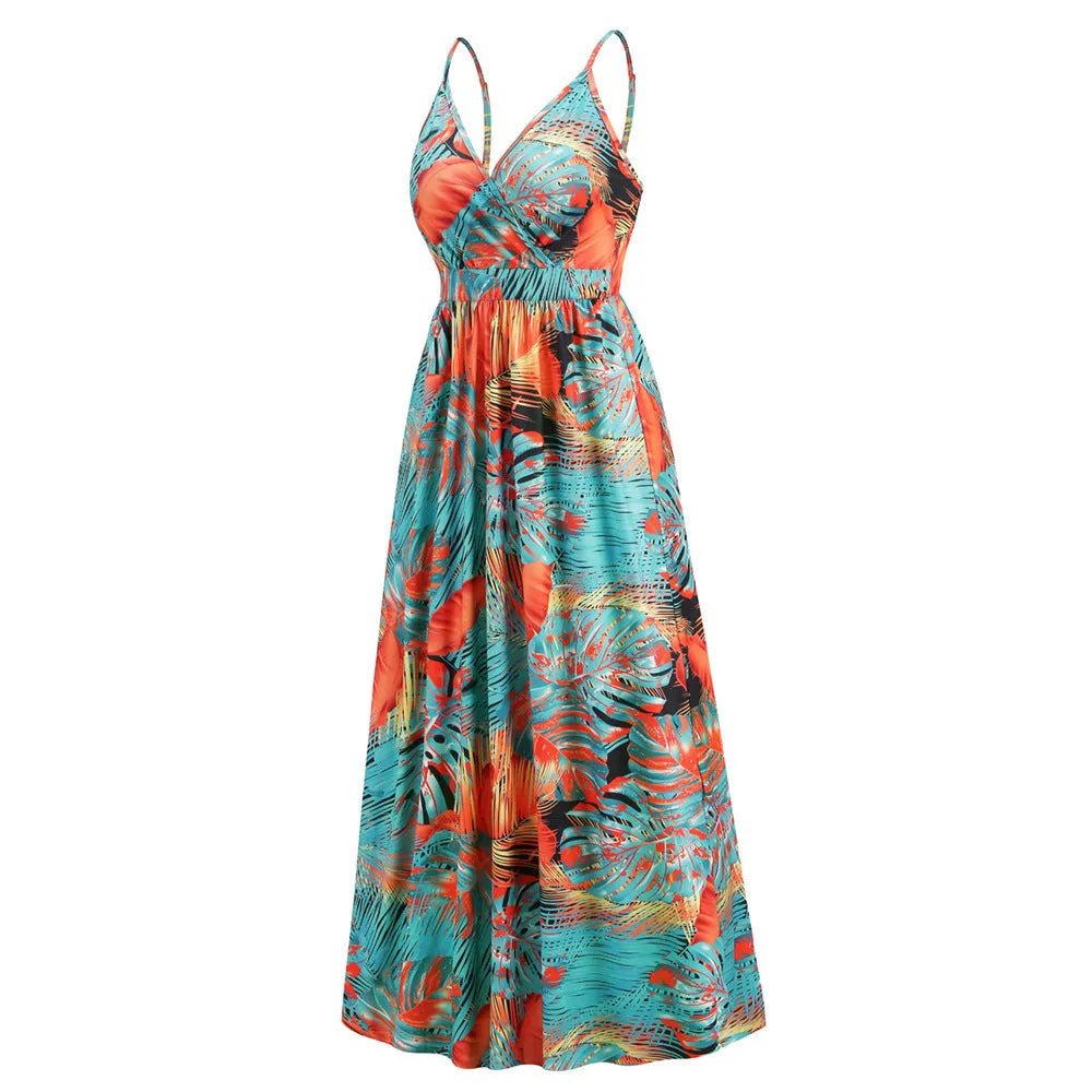 Bohemian Print  Sexy V-neck Sling Maxi Dress