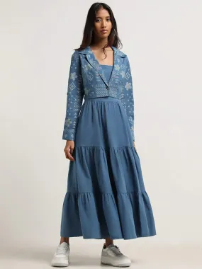 Bombay Paisley Blue Tiered Blended Linen Dress with Jacket