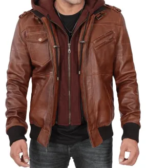 Bomber Brown Leather Jacket With Hood