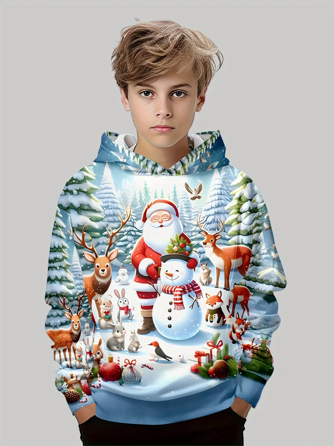 Boys' Festive 3D Christmas Sweatshirt Hoodie - Polyester Spandex Blend, Long Sleeve Hooded Pullover with Holiday Print, Slight Stretch Fabric, Fall/Winter Party Wear for Outdoor Activities, Age 12 and Under