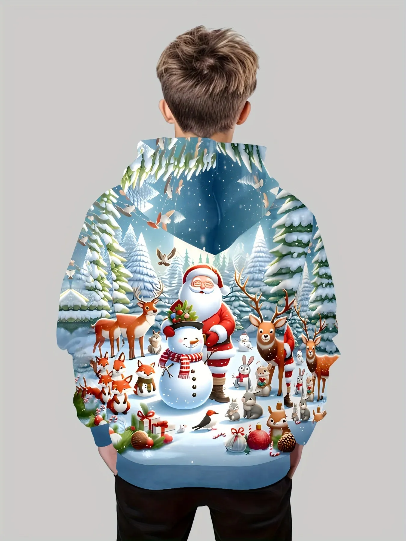 Boys' Festive 3D Christmas Sweatshirt Hoodie - Polyester Spandex Blend, Long Sleeve Hooded Pullover with Holiday Print, Slight Stretch Fabric, Fall/Winter Party Wear for Outdoor Activities, Age 12 and Under