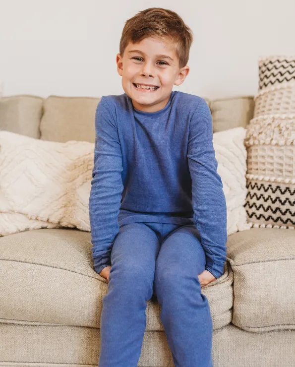 Boys Soft & Cozy Thermal 2-Piece Long Johns | Black w- Baby Blue Stitch