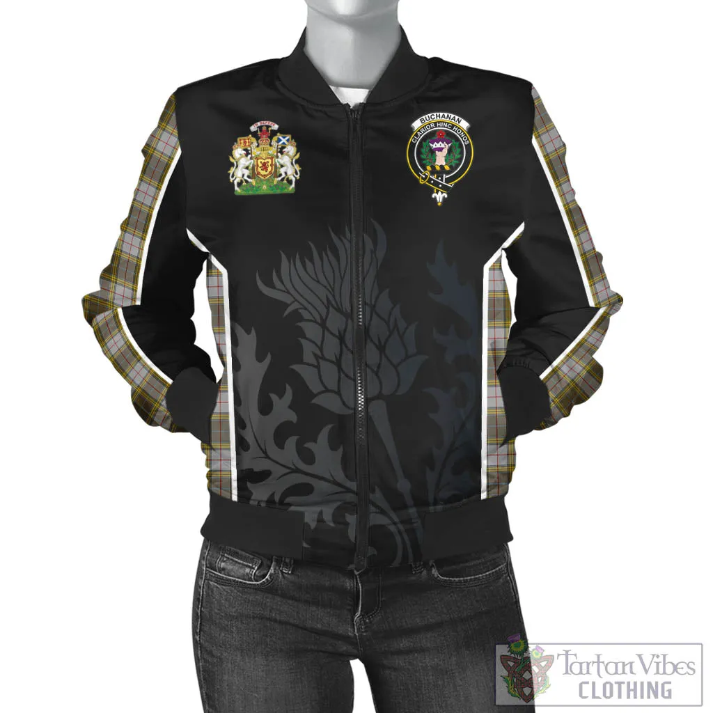 Buchanan Dress Tartan Bomber Jacket with Family Crest and Scottish Thistle Vibes Sport Style