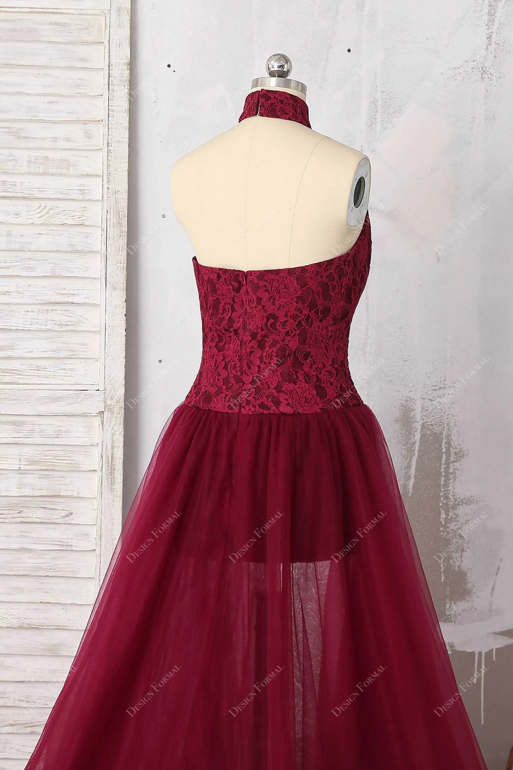 Burgundy Lace Halter Neck Bodycon Tulle Overskirt Dress