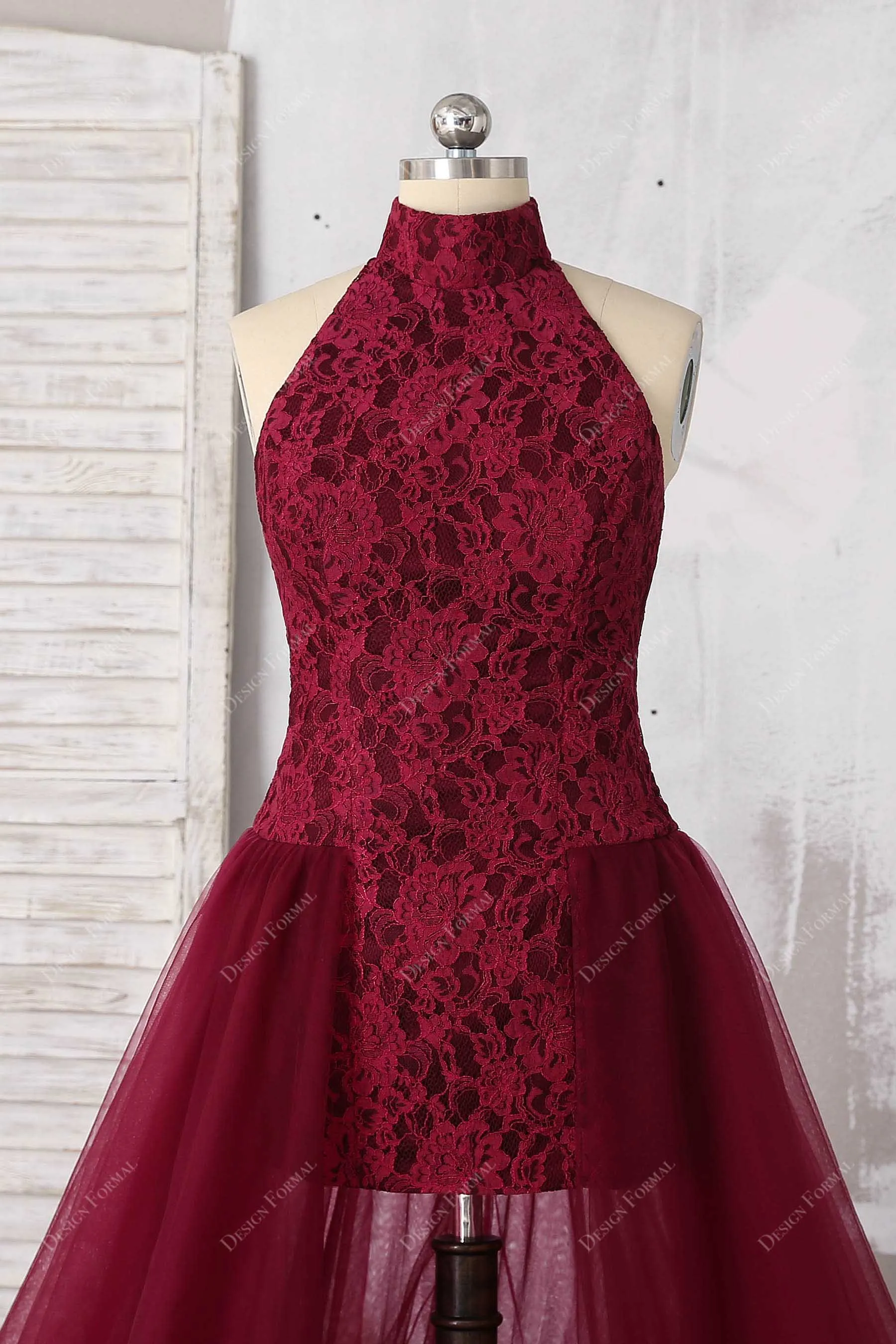 Burgundy Lace Halter Neck Bodycon Tulle Overskirt Dress