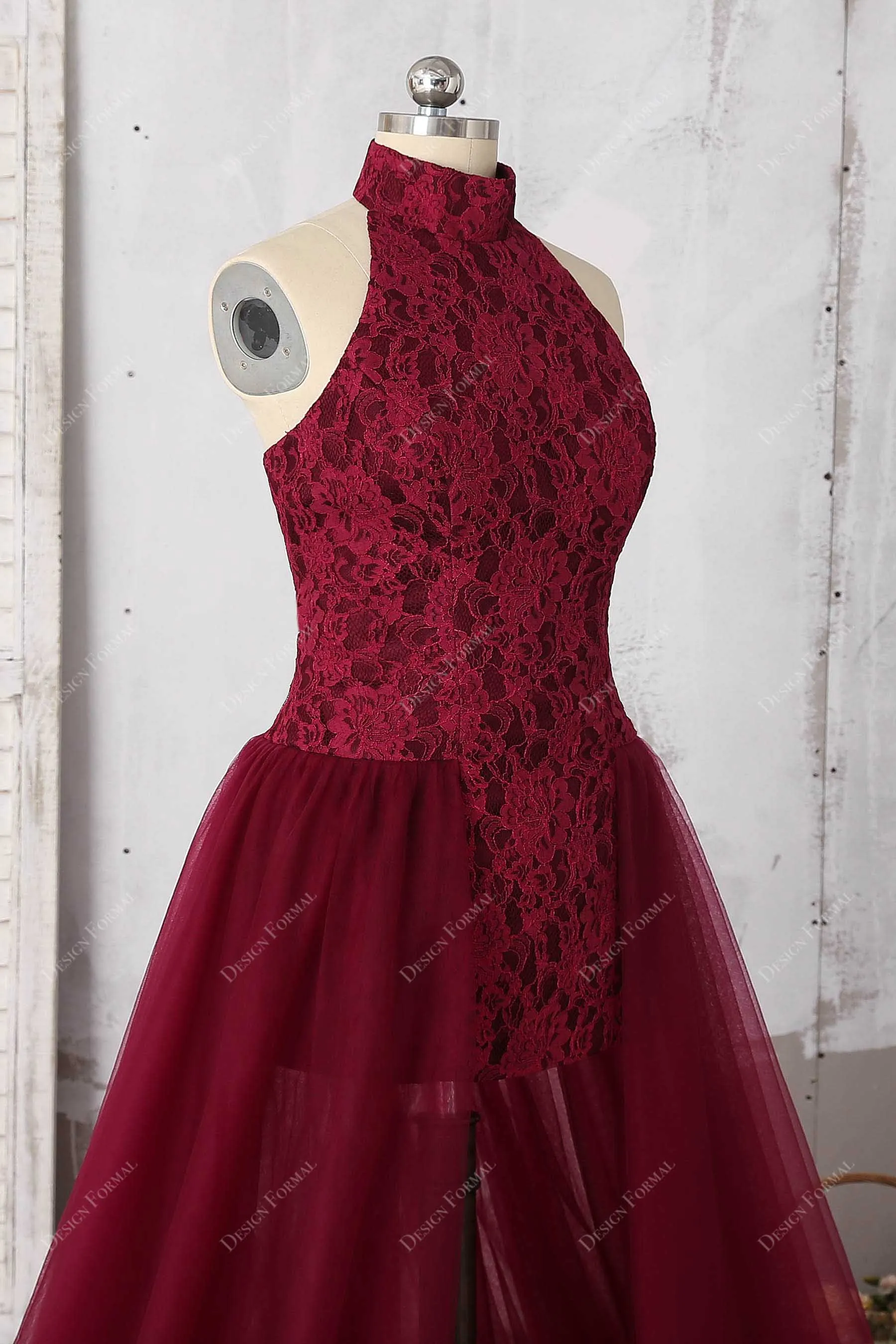 Burgundy Lace Halter Neck Bodycon Tulle Overskirt Dress