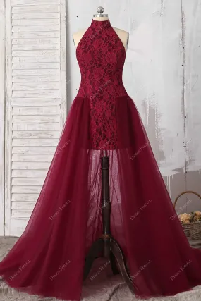 Burgundy Lace Halter Neck Bodycon Tulle Overskirt Dress