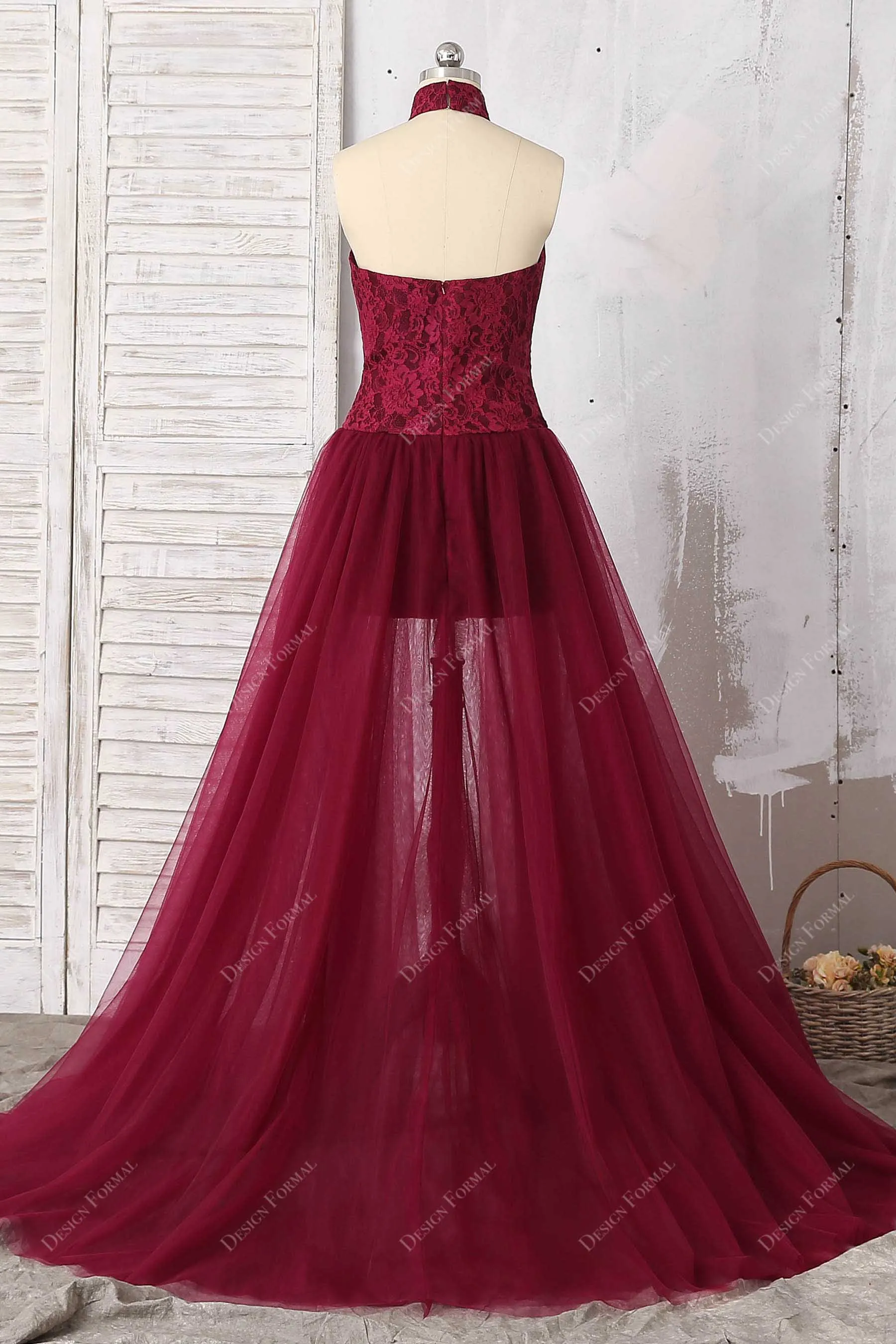 Burgundy Lace Halter Neck Bodycon Tulle Overskirt Dress