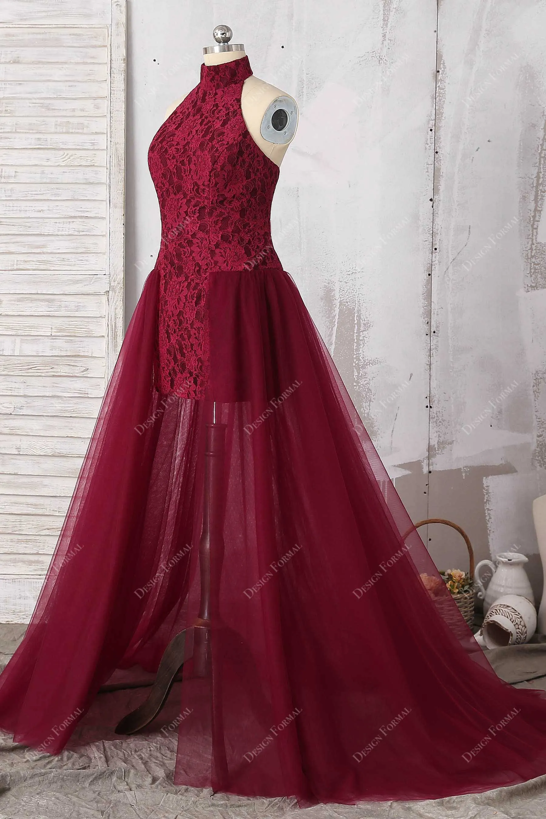 Burgundy Lace Halter Neck Bodycon Tulle Overskirt Dress