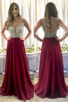 Burgundy Prom Dress Long Beaded Top, Formal Dress, Evening Dress, Pageant Dance Dresses, School Party Gown, PC0743