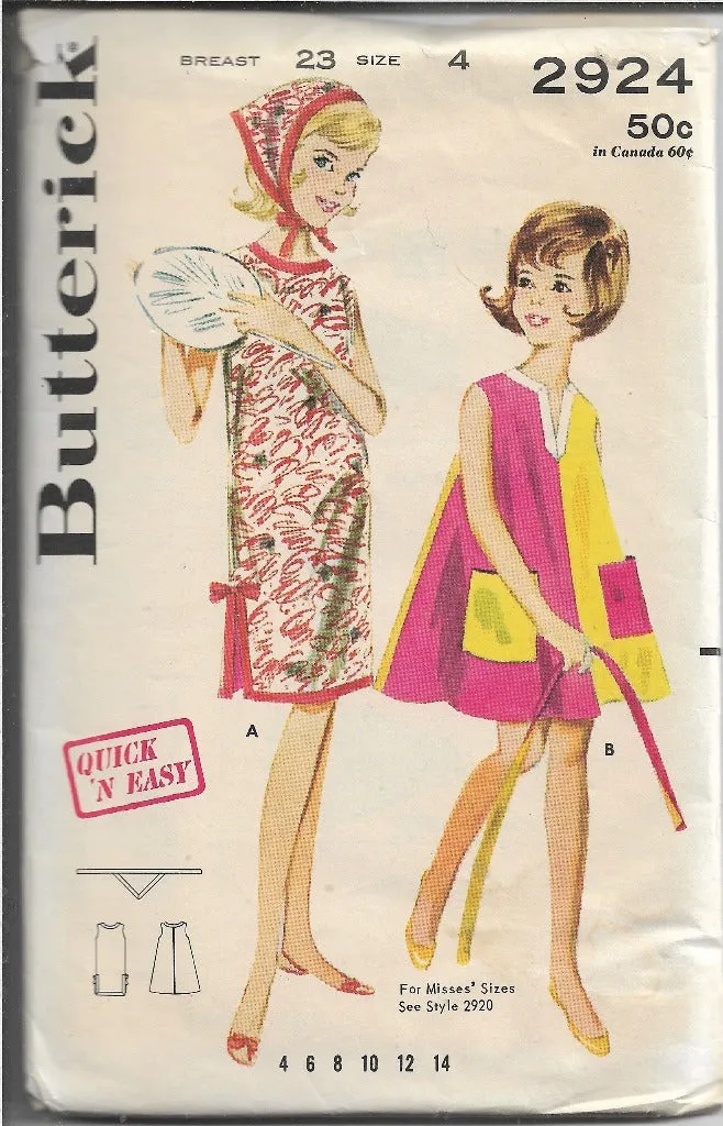 Butterick 2924 Vintage Sewing Pattern 1960s Girls Play Dress