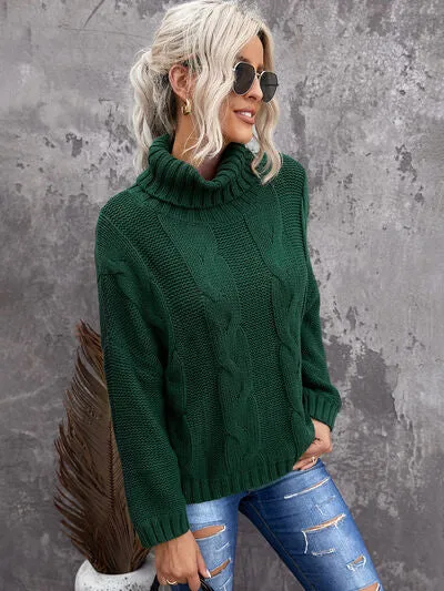 Cable-Knit Turtleneck Dropped Shoulder Sweater