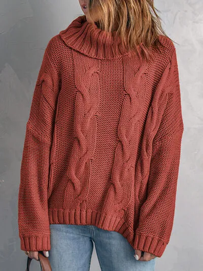 Cable-Knit Turtleneck Dropped Shoulder Sweater