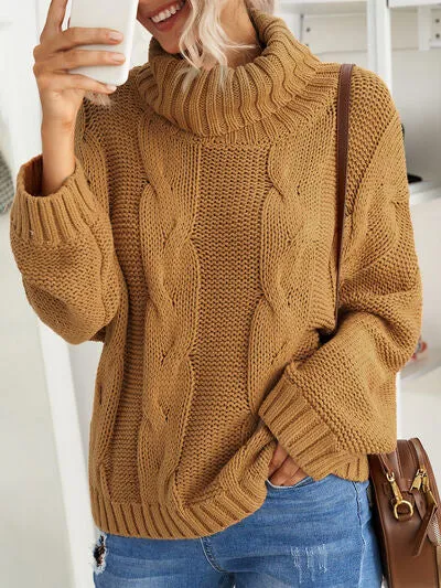 Cable-Knit Turtleneck Dropped Shoulder Sweater