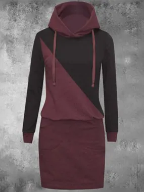 Casual Color Matching Hooded Women'S Sweater Dress