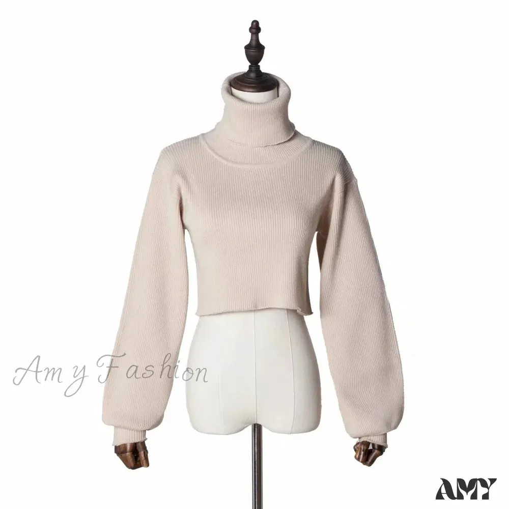 Casual Loose Sexy Solid TurtleNeck Long Sleeve Knit Crop Christmas Sweater