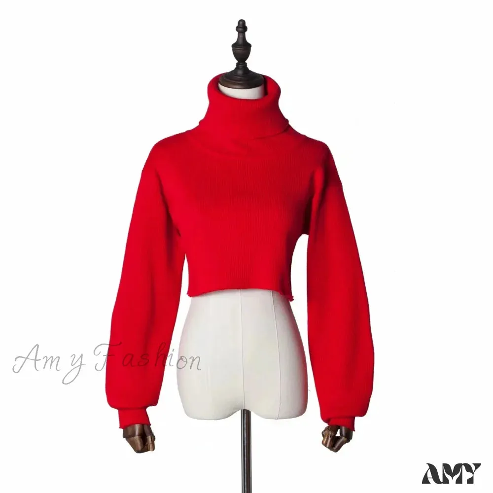 Casual Loose Sexy Solid TurtleNeck Long Sleeve Knit Crop Christmas Sweater