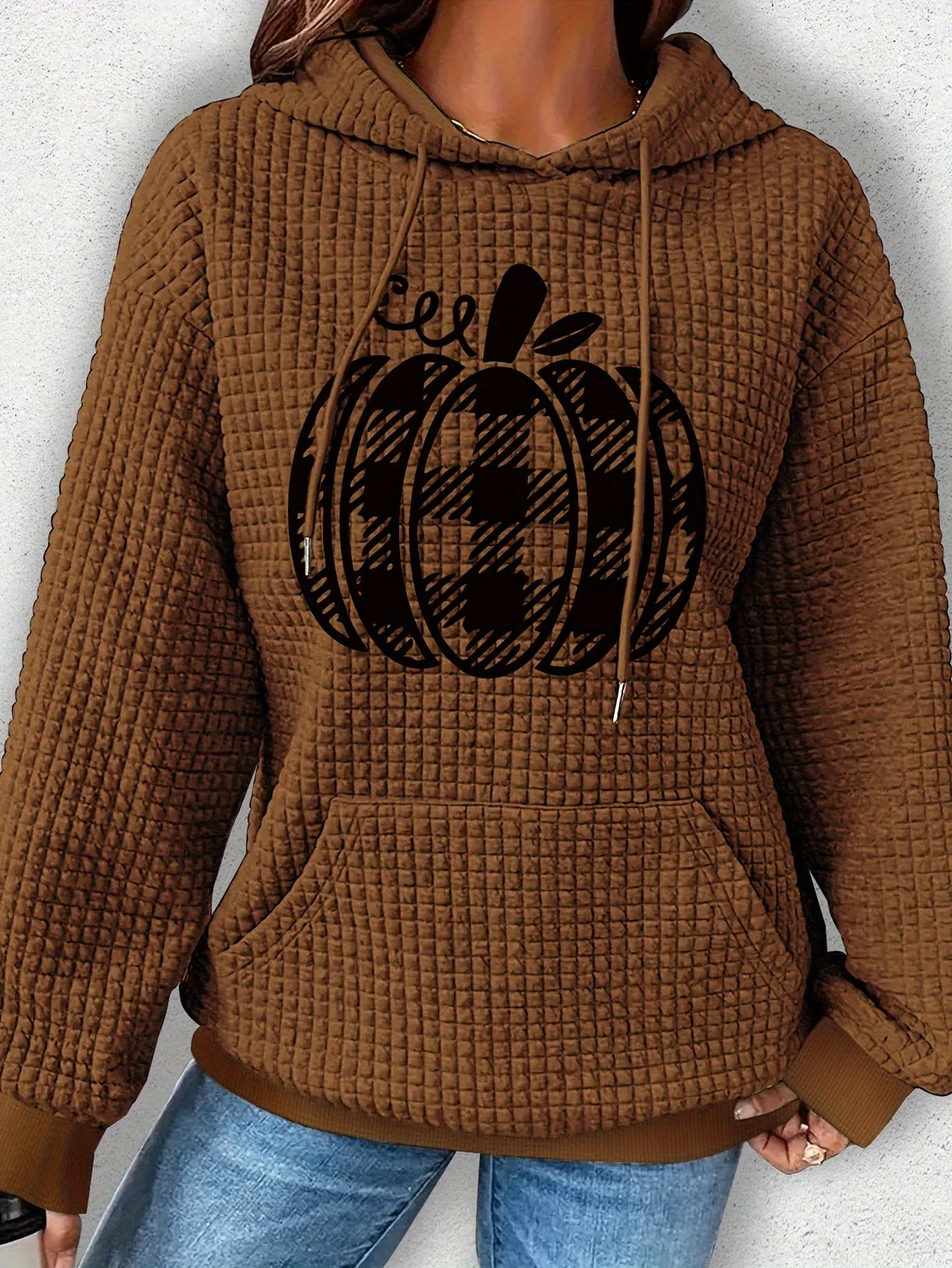 Casual Polyester Waffle-Knit Hoodie with Halloween Pumpkin Applique - Comfortable Fall/Winter Spandex Blend, Style Hooded Sweatshirt with Plant Pattern, Cozy Knitted Fabric