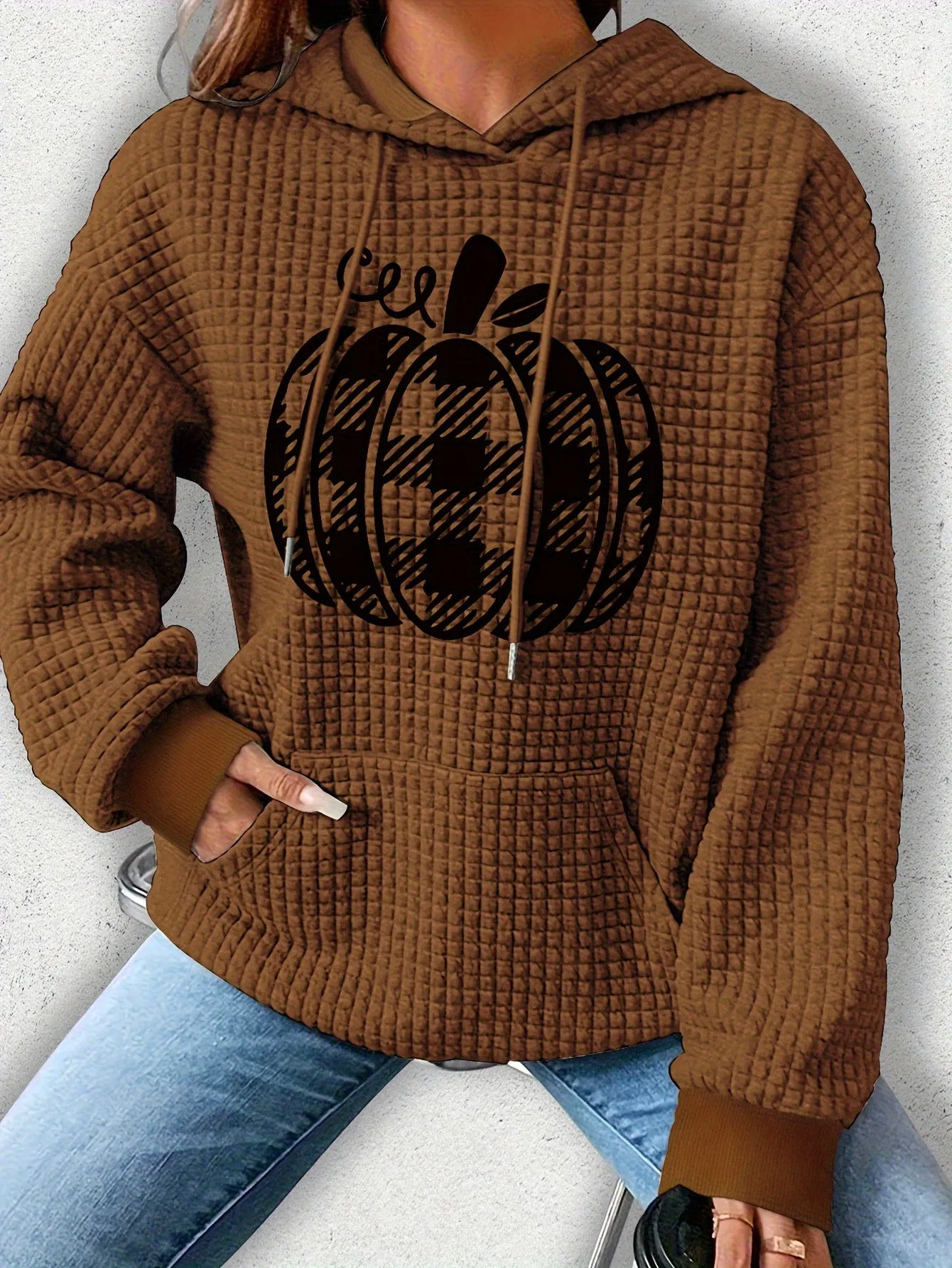 Casual Polyester Waffle-Knit Hoodie with Halloween Pumpkin Applique - Comfortable Fall/Winter Spandex Blend, Style Hooded Sweatshirt with Plant Pattern, Cozy Knitted Fabric