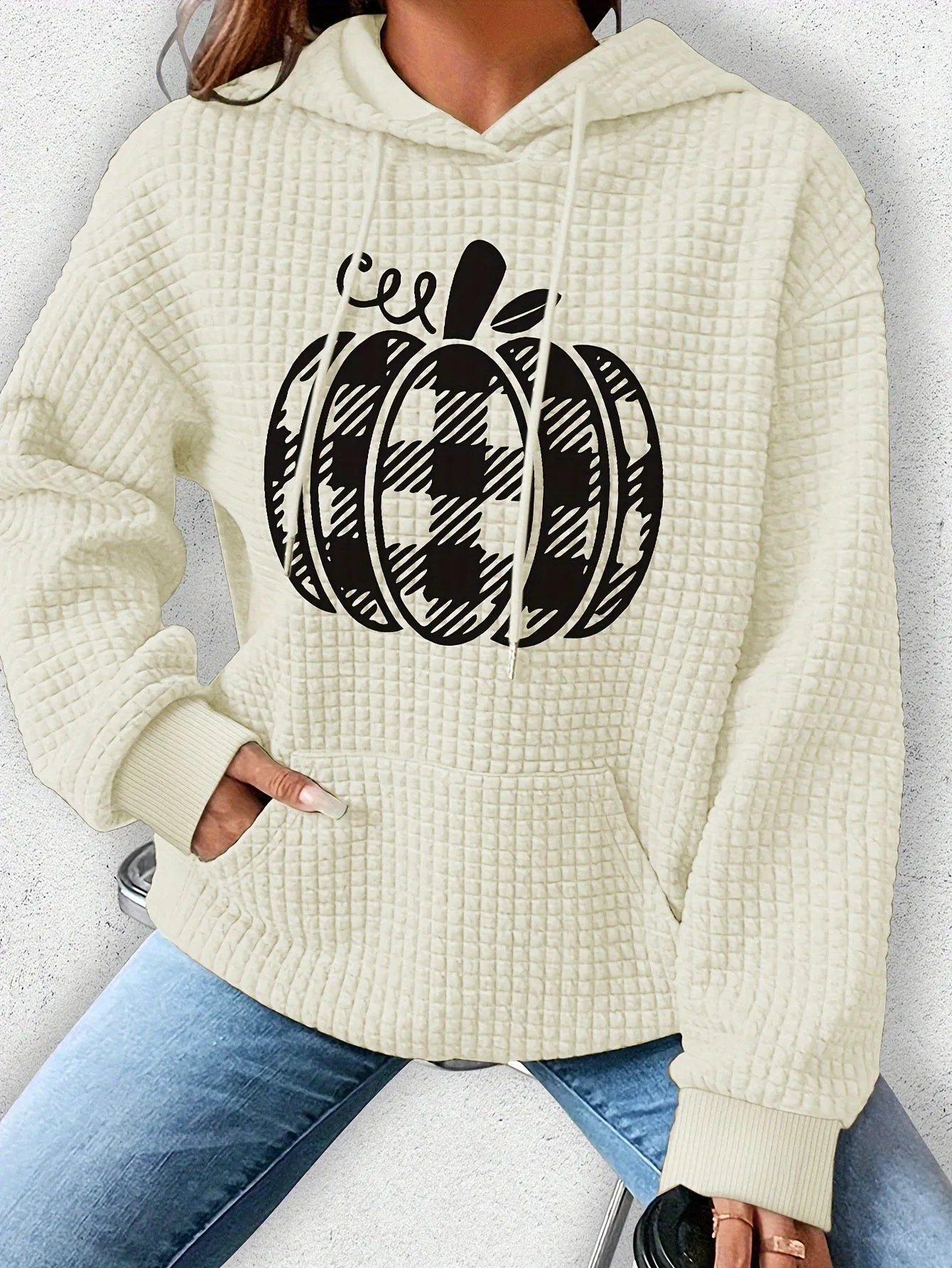 Casual Polyester Waffle-Knit Hoodie with Halloween Pumpkin Applique - Comfortable Fall/Winter Spandex Blend, Style Hooded Sweatshirt with Plant Pattern, Cozy Knitted Fabric