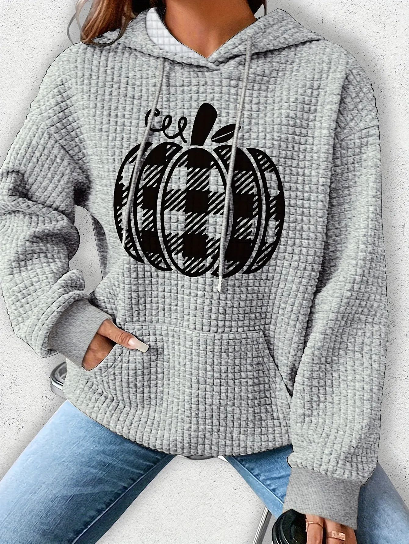 Casual Polyester Waffle-Knit Hoodie with Halloween Pumpkin Applique - Comfortable Fall/Winter Spandex Blend, Style Hooded Sweatshirt with Plant Pattern, Cozy Knitted Fabric