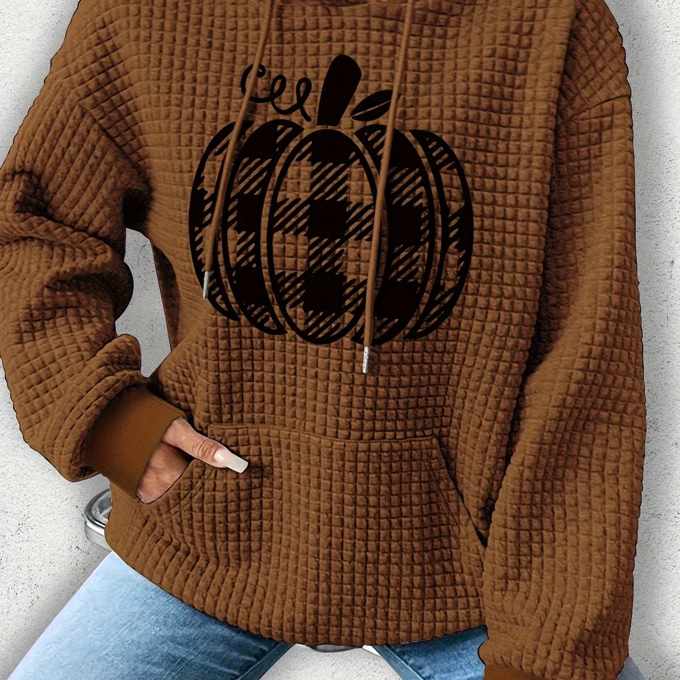 Casual Polyester Waffle-Knit Hoodie with Halloween Pumpkin Applique - Comfortable Fall/Winter Spandex Blend, Style Hooded Sweatshirt with Plant Pattern, Cozy Knitted Fabric