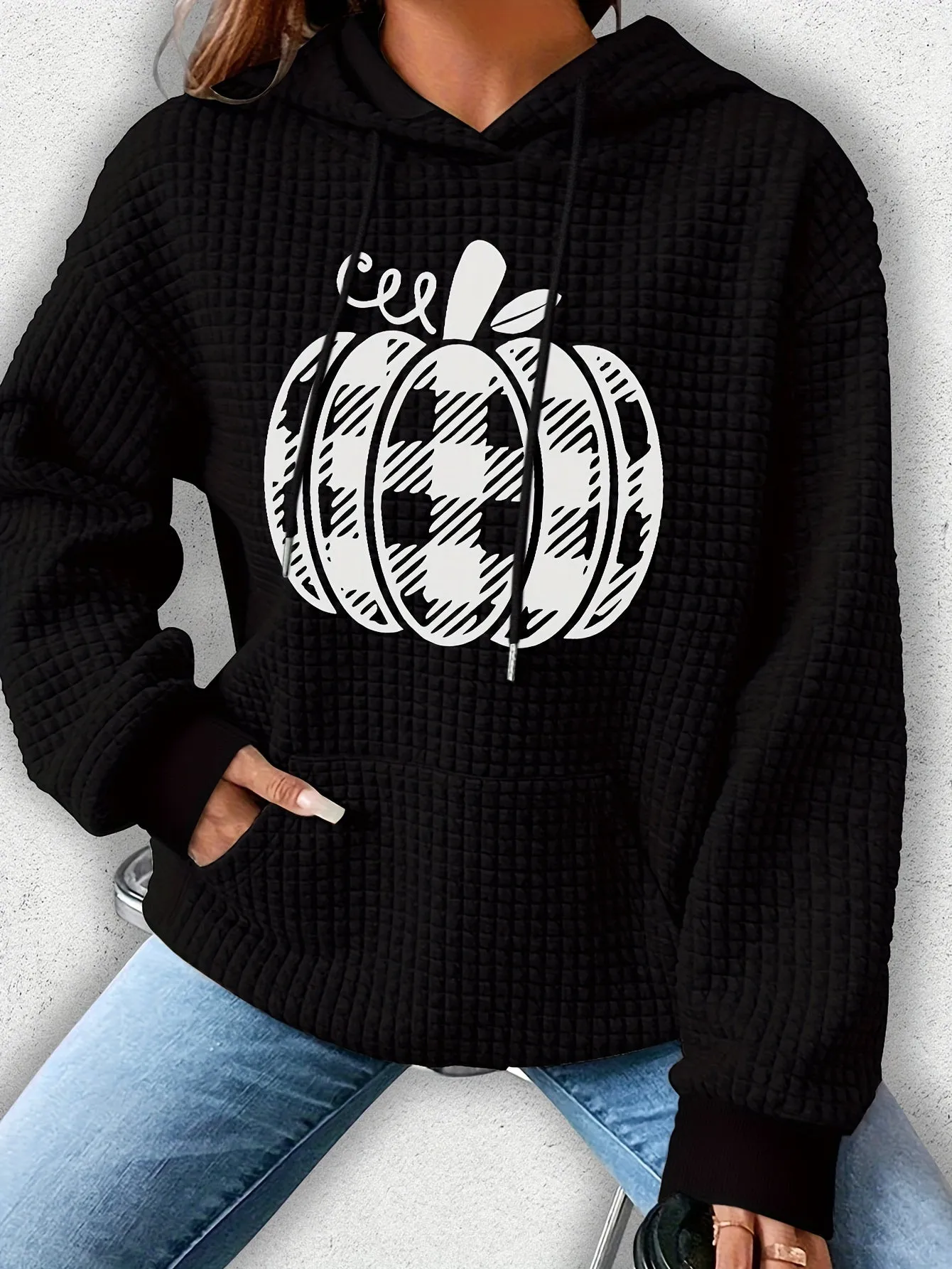 Casual Polyester Waffle-Knit Hoodie with Halloween Pumpkin Applique - Comfortable Fall/Winter Spandex Blend, Style Hooded Sweatshirt with Plant Pattern, Cozy Knitted Fabric