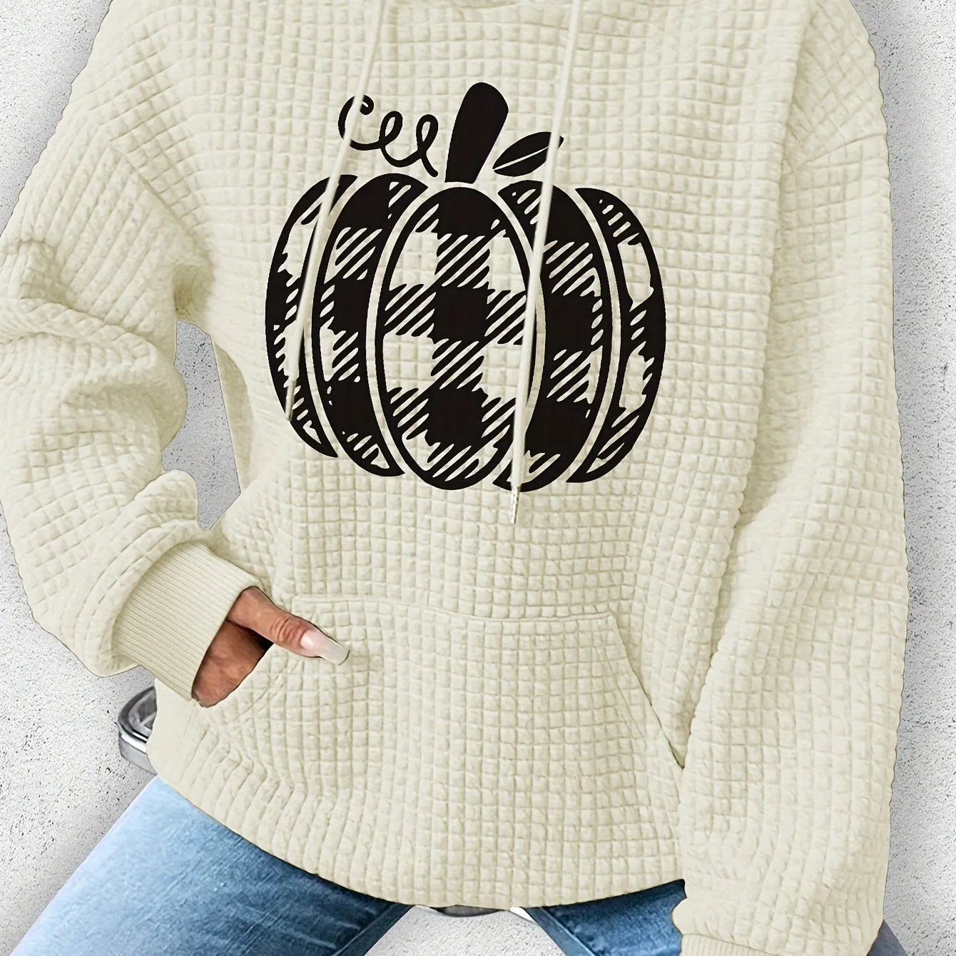 Casual Polyester Waffle-Knit Hoodie with Halloween Pumpkin Applique - Comfortable Fall/Winter Spandex Blend, Style Hooded Sweatshirt with Plant Pattern, Cozy Knitted Fabric