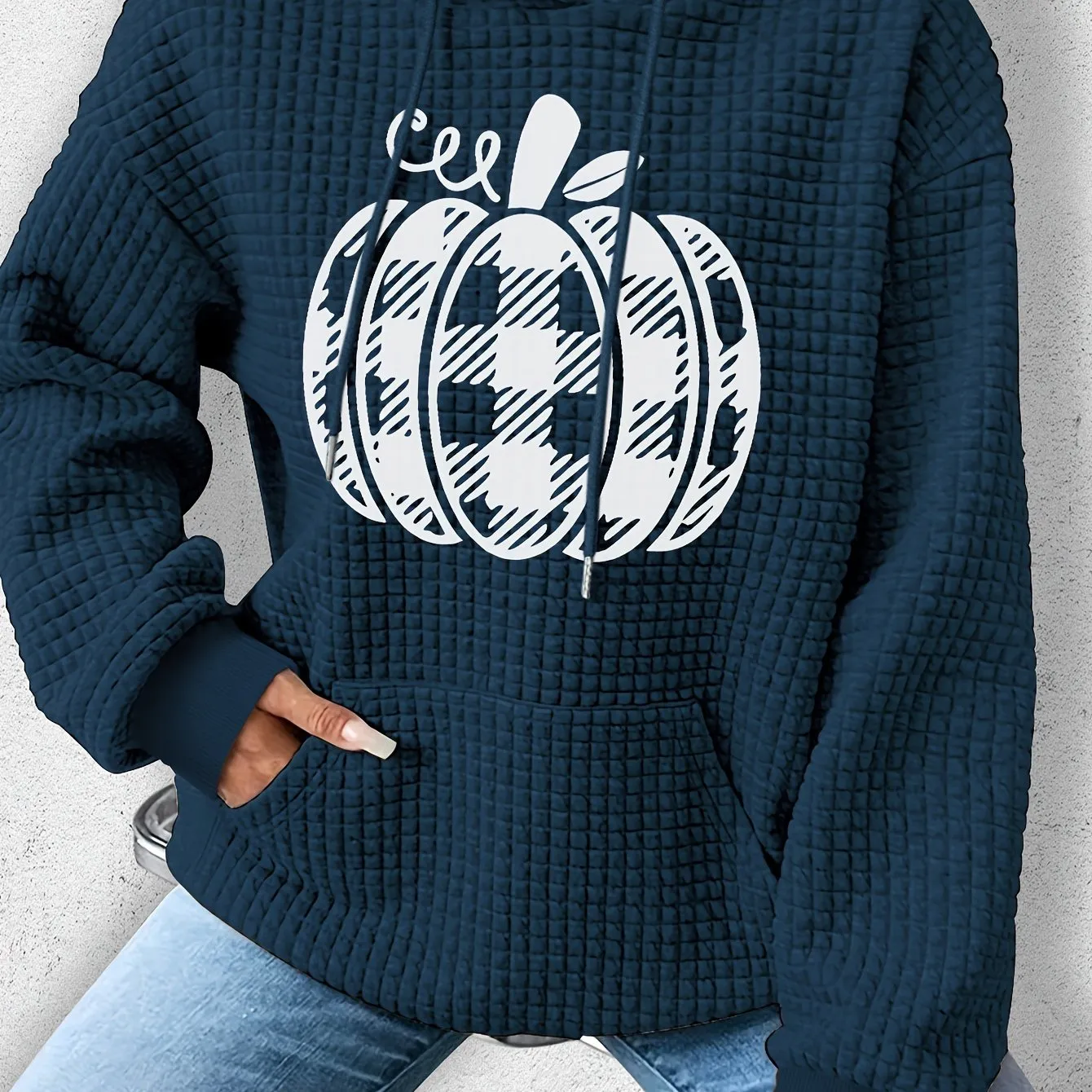 Casual Polyester Waffle-Knit Hoodie with Halloween Pumpkin Applique - Comfortable Fall/Winter Spandex Blend, Style Hooded Sweatshirt with Plant Pattern, Cozy Knitted Fabric