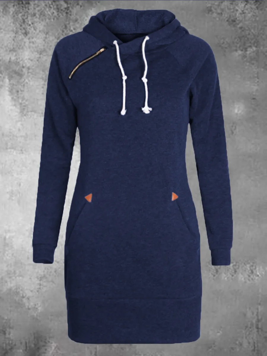 Casual Solid Color Sports Hooded Women'S Sweater Dress