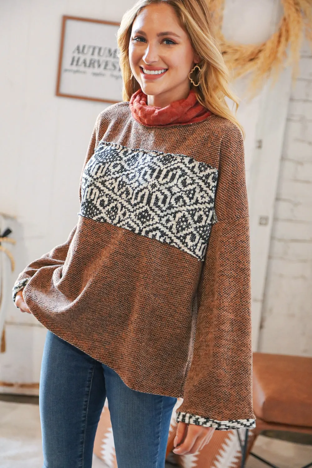 Checkered Aztec Jacquard Turtleneck Sweater