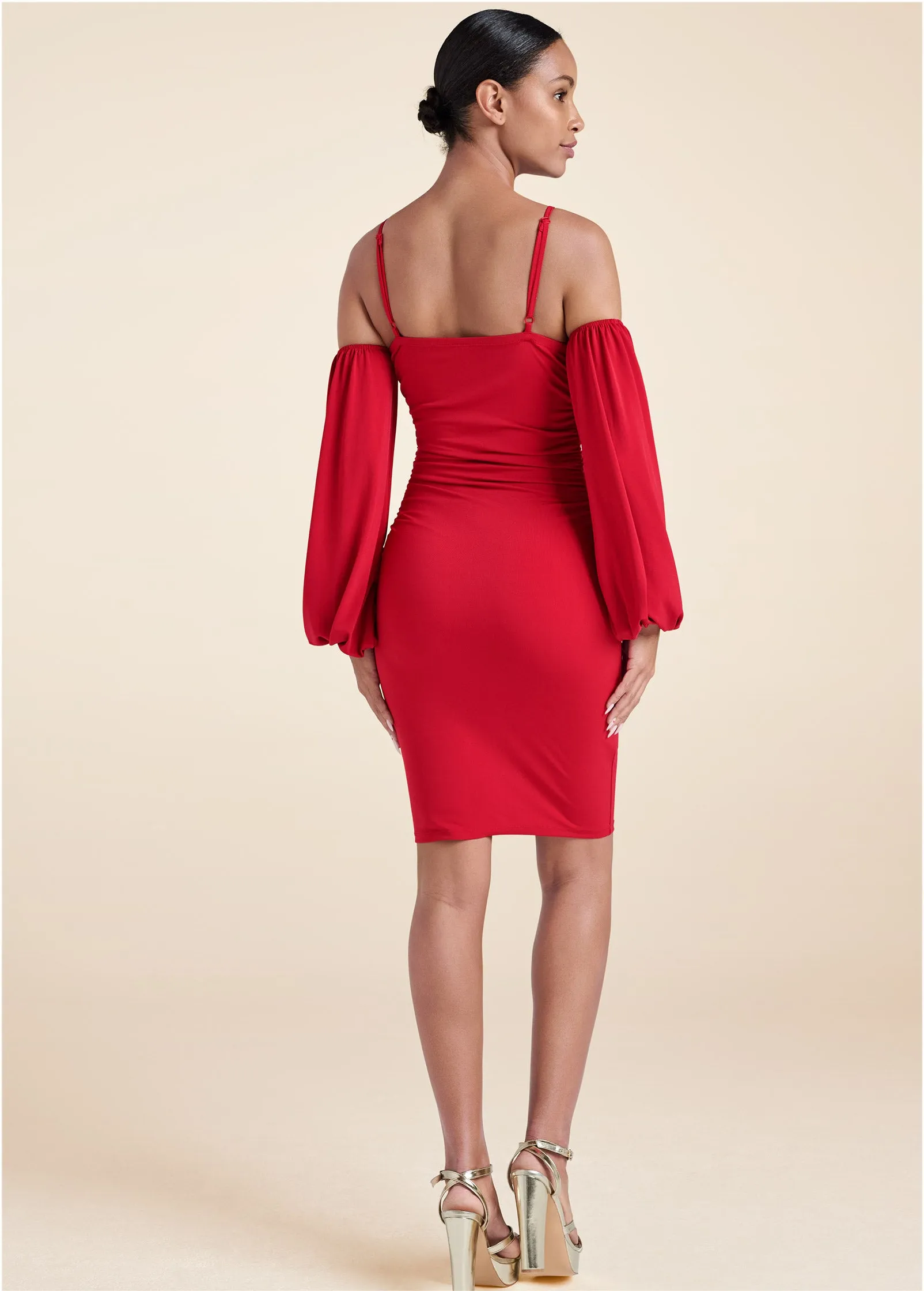 Cold-Shoulder Ruched Dress - Red