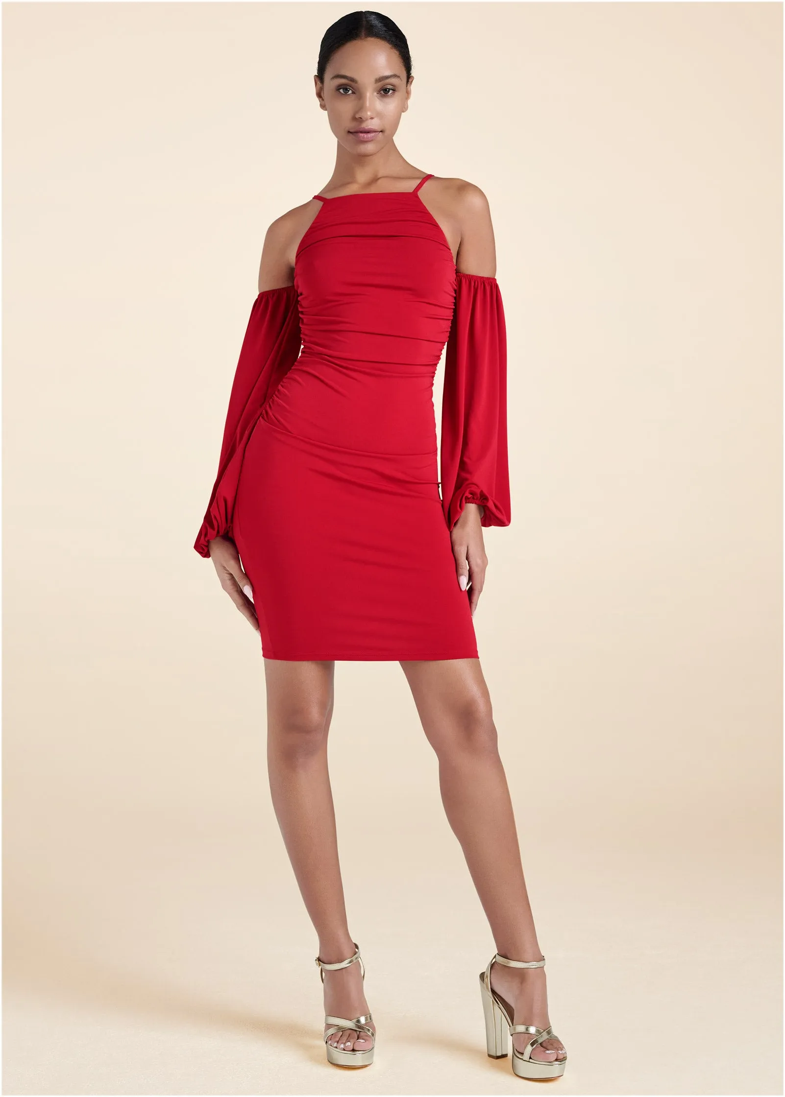 Cold-Shoulder Ruched Dress - Red