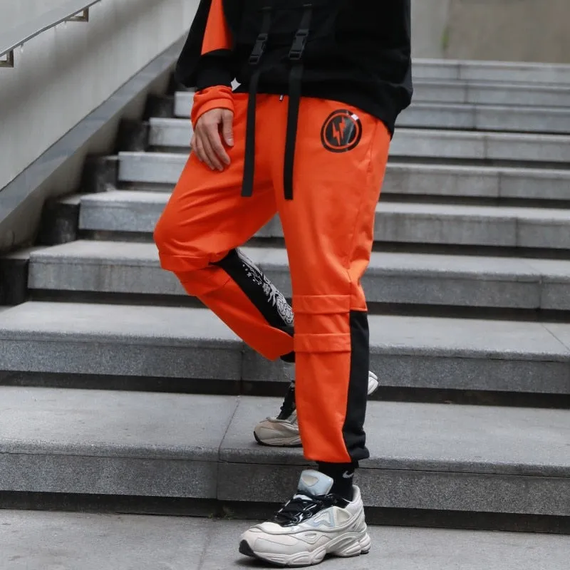 Color Block Printed Loose Drawstring Men Cargo Pants