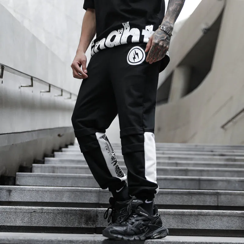 Color Block Printed Loose Drawstring Men Cargo Pants