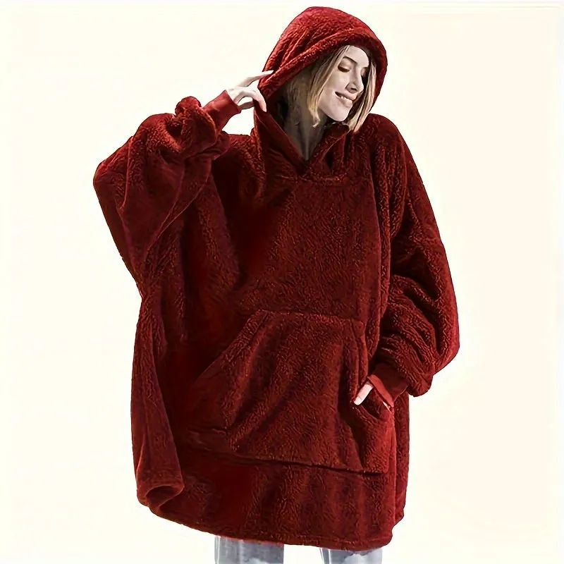 Cozy Double-Sided Fleece Hoodie Blanket - Thick, Wearable Couple's Loungewear with Pockets, Machine Washable, Black