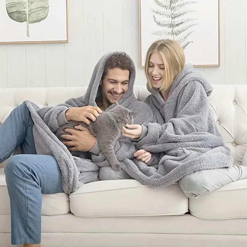 Cozy Double-Sided Fleece Hoodie Blanket - Thick, Wearable Couple's Loungewear with Pockets, Machine Washable, Black