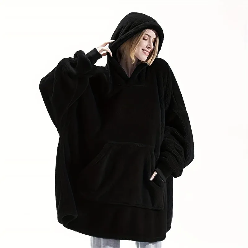 Cozy Double-Sided Fleece Hoodie Blanket - Thick, Wearable Couple's Loungewear with Pockets, Machine Washable, Black