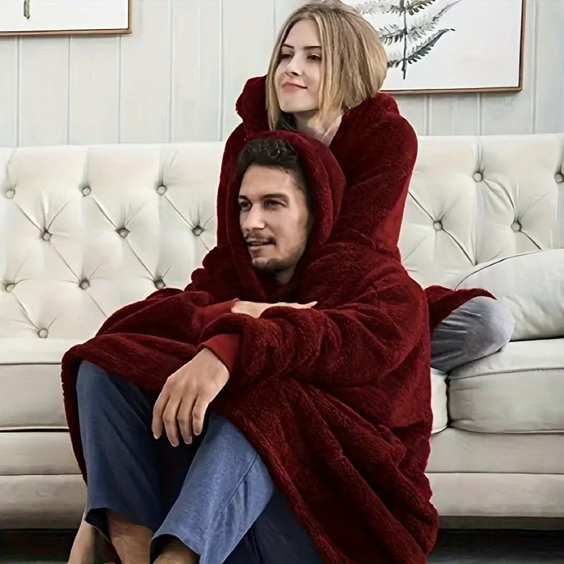 Cozy Double-Sided Fleece Hoodie Blanket - Thick, Wearable Couple's Loungewear with Pockets, Machine Washable, Black