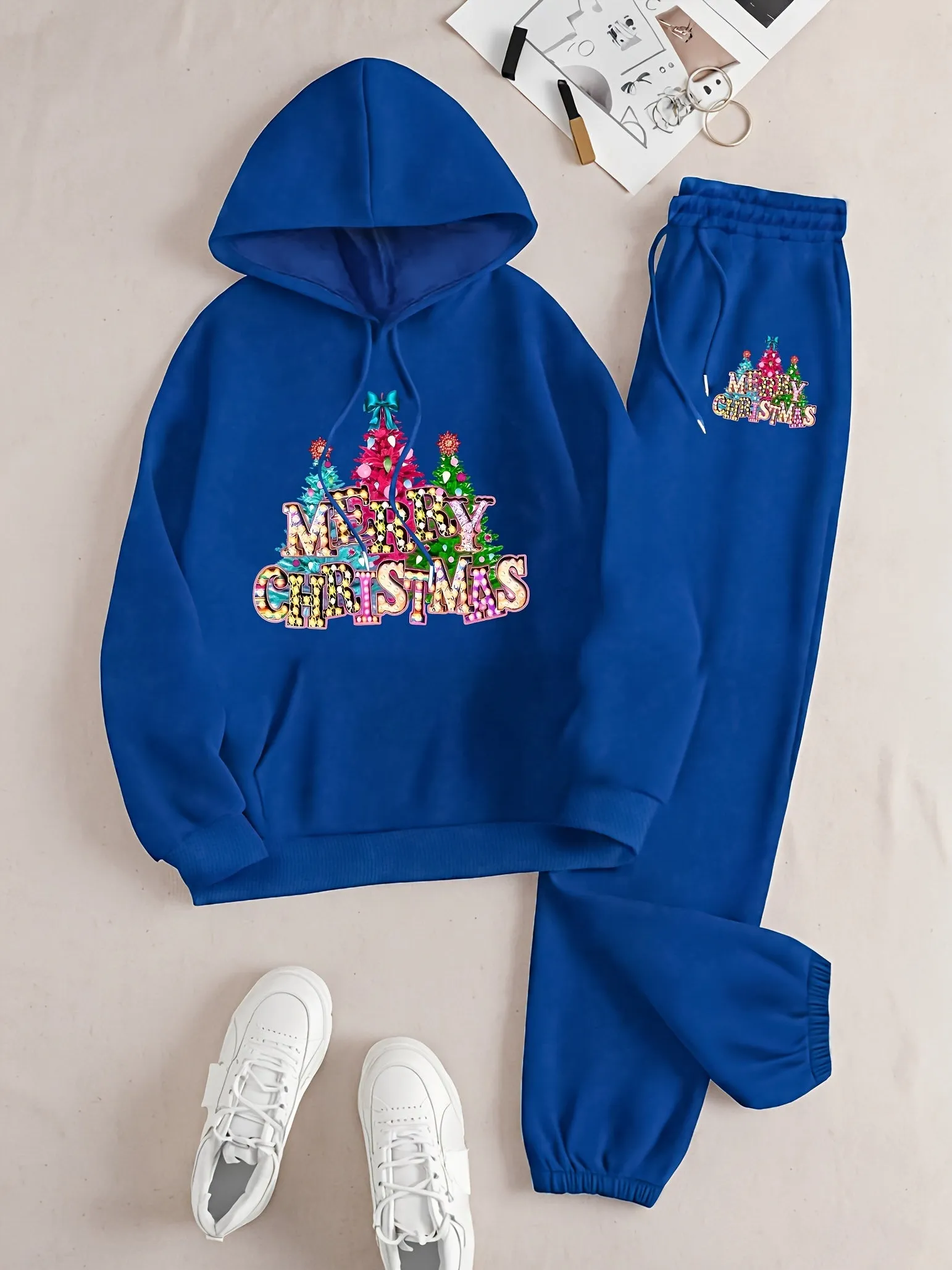 Cozy Festive Christmas Hoodie & Joggers Set for Women - Soft, Casual Long Sleeve with Spacious Pockets, Durable Polyester Blend, Machine Washable, Easy Care, and Perfect for Holiday Season