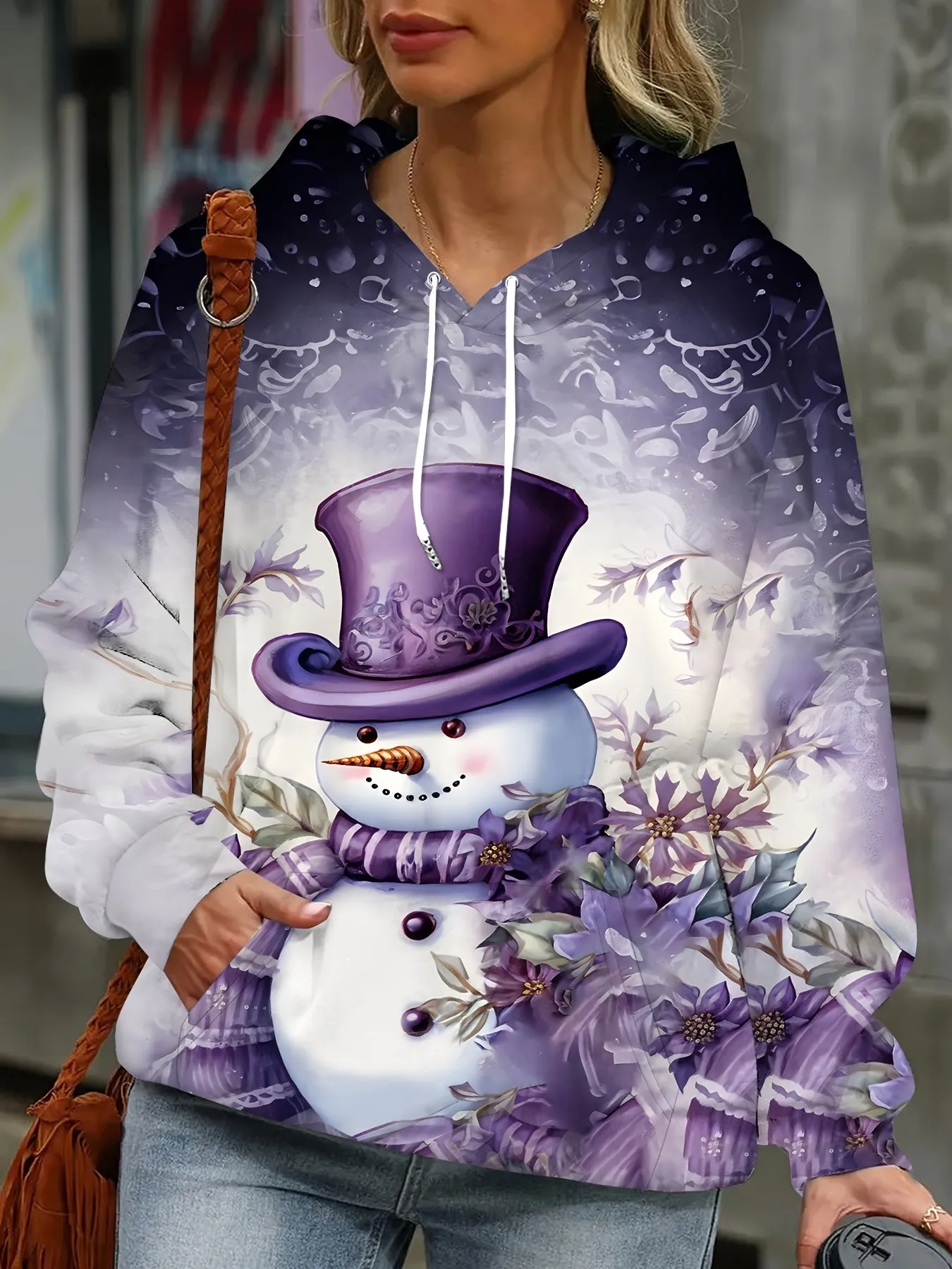 Cozy Festive Christmas Snowman Hoodie - Soft Knit Fabric, Adorable 3D Printed Design, Purple Christmas Theme, Spacious Pockets, and Stylish Hood for Women - Perfect for Cold Winter Days and Holiday Parties