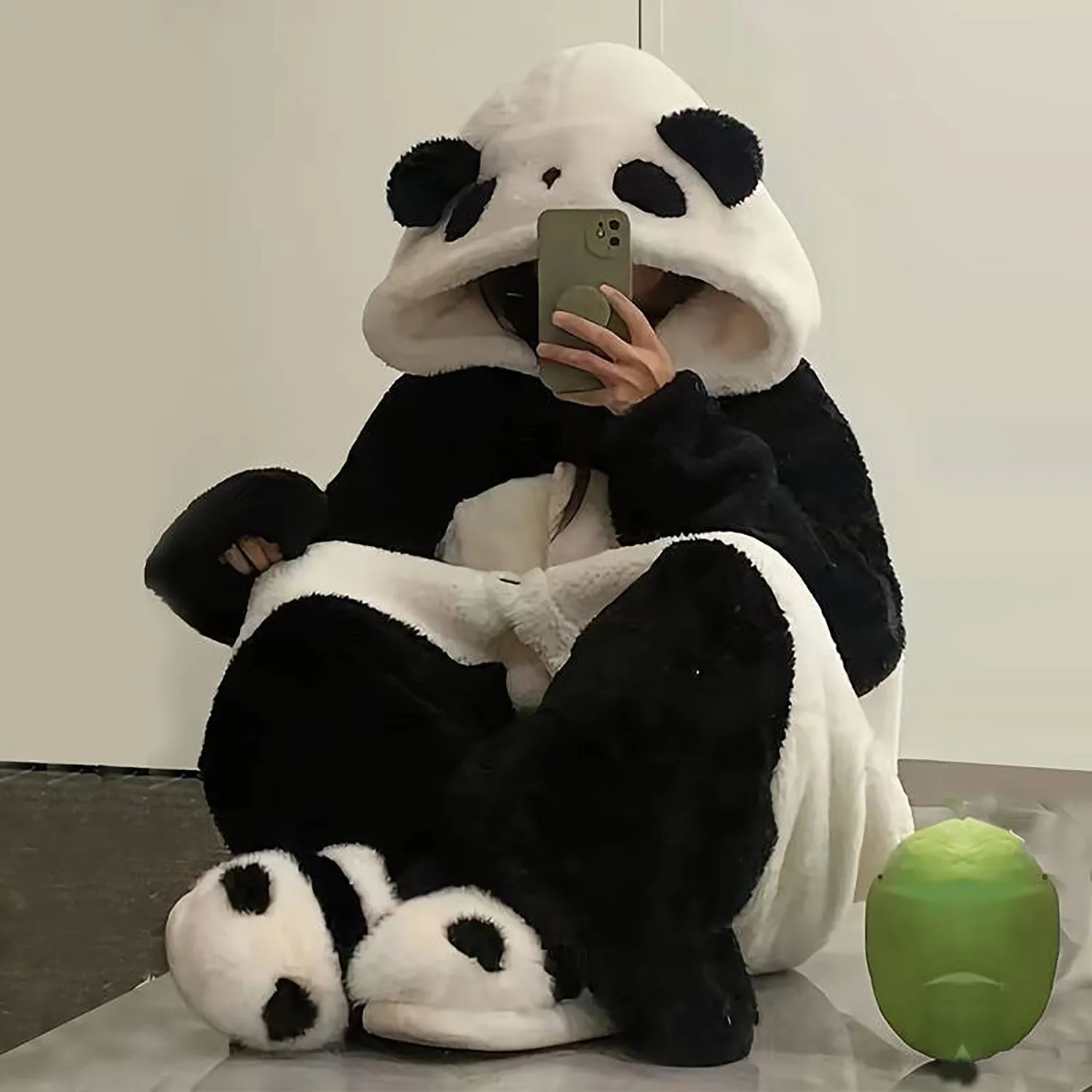 Cozy Panda Cartoon Wearable Blanket - Soft Flannel Hoodie with Sleeves, Thick Long Robe for Autumn/Winter Home Comfort