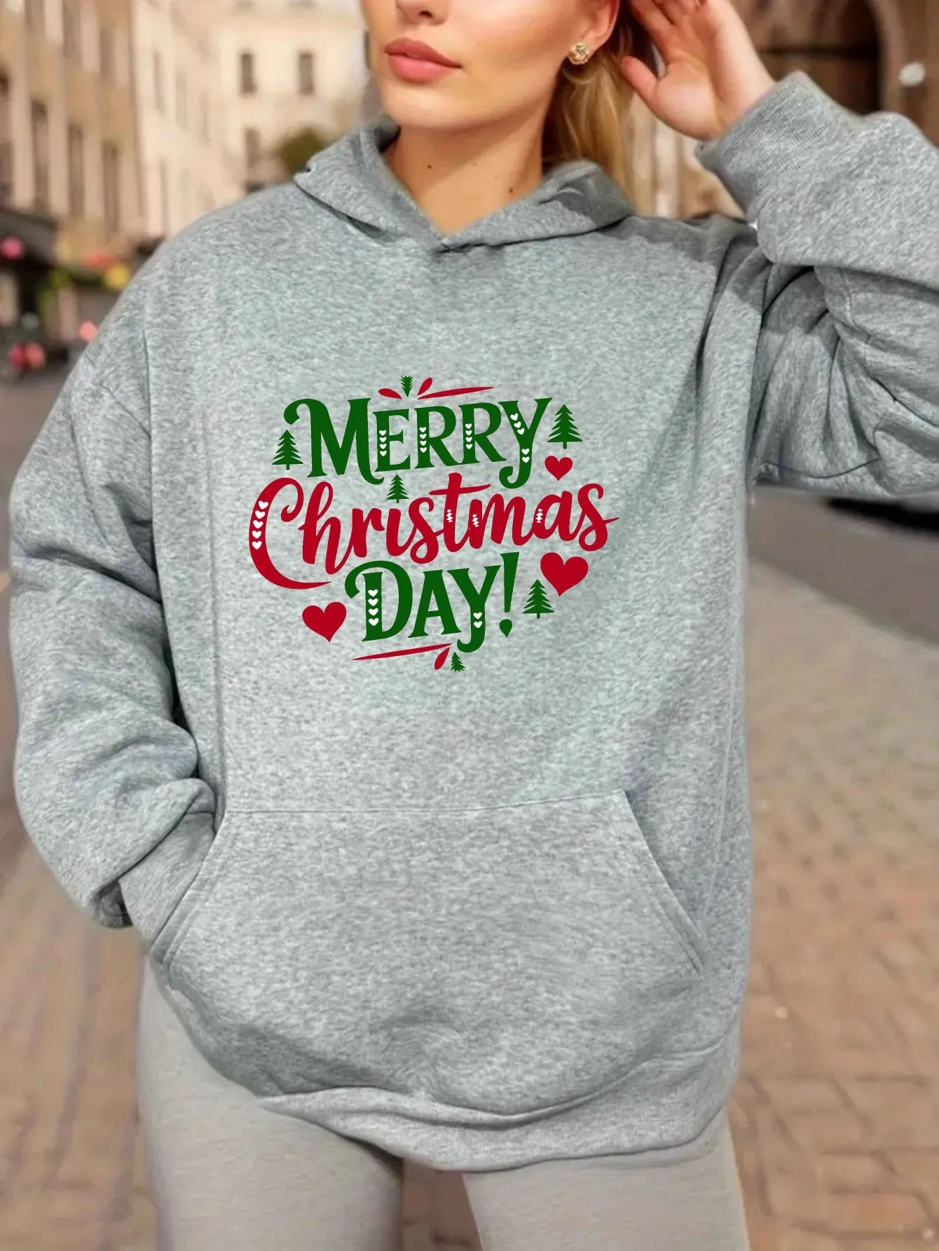 Cozy Plus Size Christmas Hoodie for Women - Casual Long Sleeve with Pockets, Festive Letter Print, Perfect for Fall & Winter