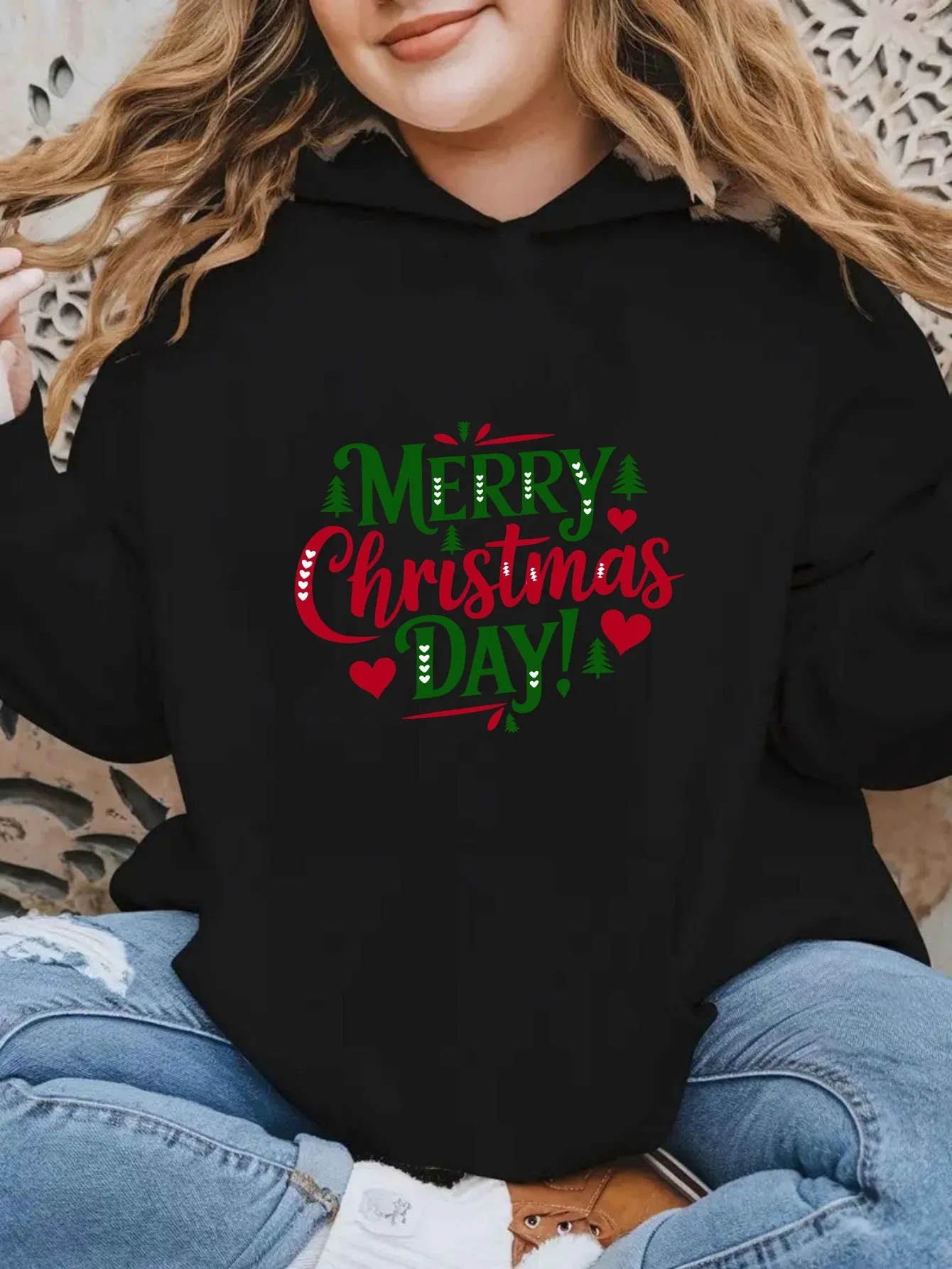 Cozy Plus Size Christmas Hoodie for Women - Casual Long Sleeve with Pockets, Festive Letter Print, Perfect for Fall & Winter