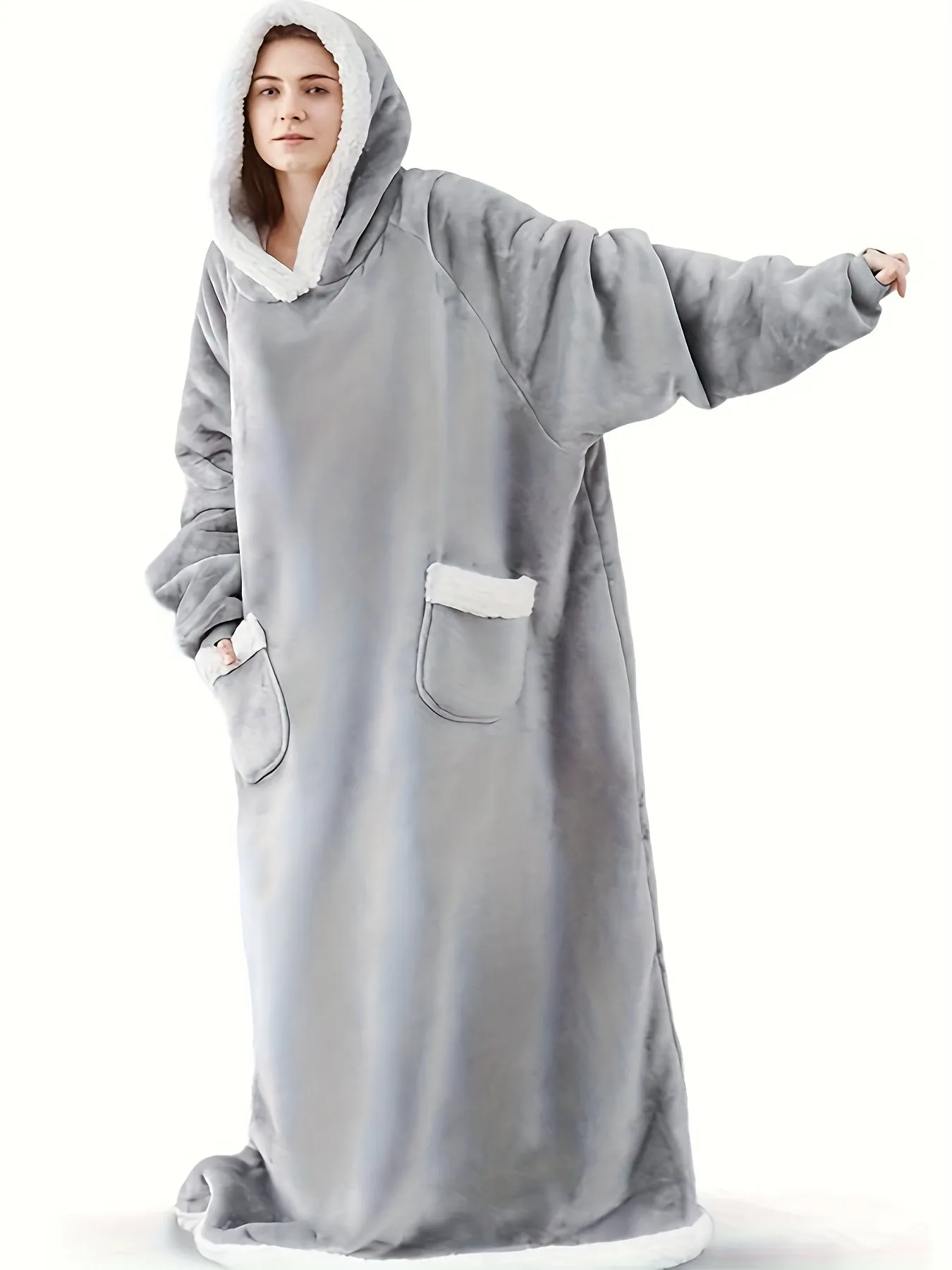 Cozy Plus-Size Hooded Fleece Robe - Winter Casual Comfort with Pockets & Stretch Fabric, Machine Washable