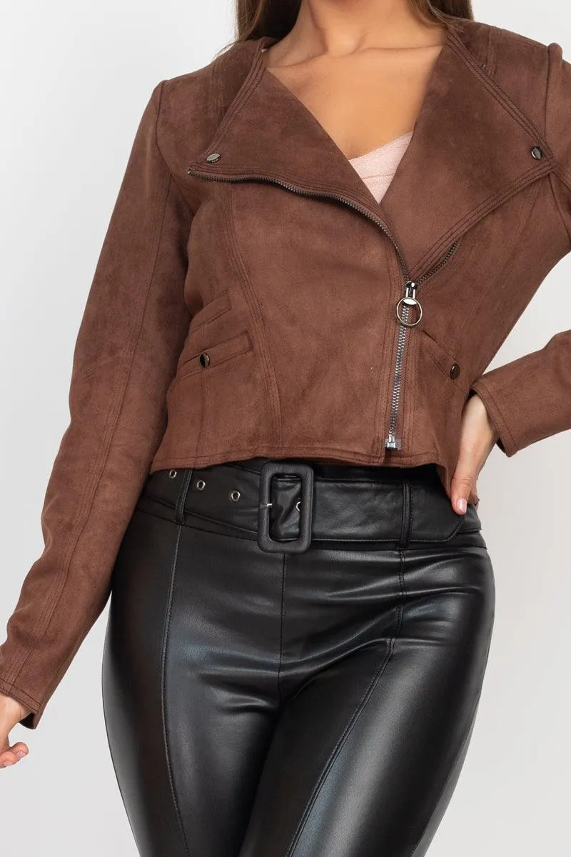 Cropped Long Sleeves Suede Moto Jacket