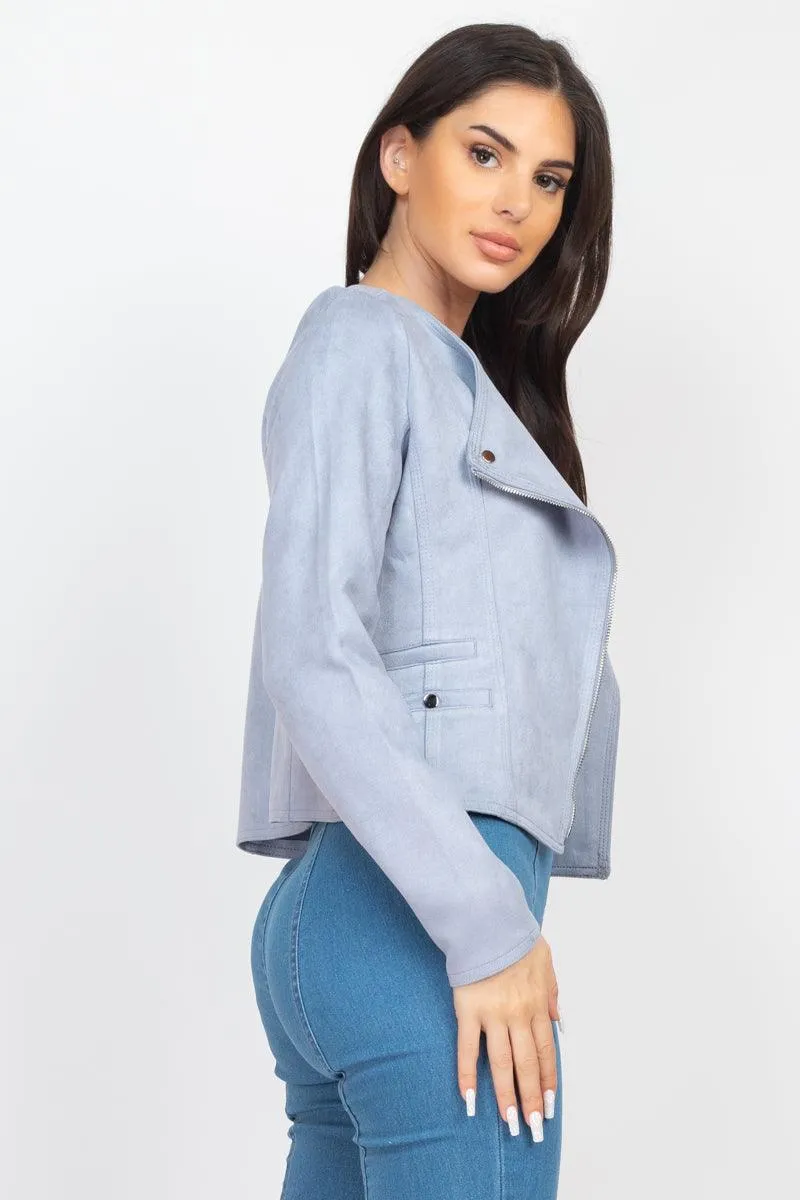 Cropped Long Sleeves Suede Moto Jacket